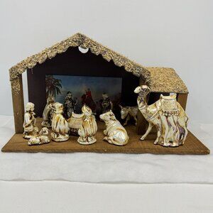 Vintage 13 pc Manger Nativity Set Gold Ceramic Figurines Wood Straw Christmas